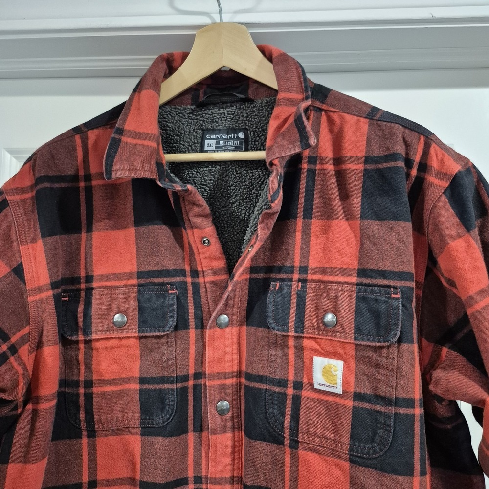 Carhartt Flannel Shirt Jacket Mens 2XL Red Buffalo Check Sherpa Lined Shacket - Picture 4 of 11